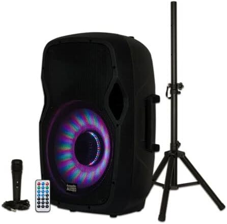 Acoustic Audio by Goldwood 15 Inch 1000 Watt Bluetooth LED Speaker System with RCA25 Pro Audio 25 Foot Stereo Cables, Red/White (2 Pack)