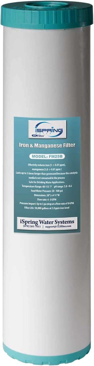 iSpring Whole House Water Filter Cartridge, Iron & Manganese Reducing Water Filter Whole House, 4.5inch x 20inch, Model: FM25B