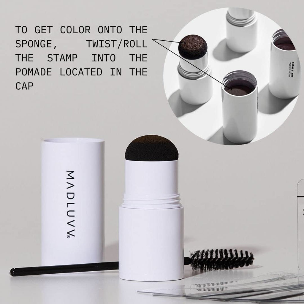 MADLUVV Brow Stamp Kit with Brow Stencils ¨C Easy Eyebrow Shaper for Natural-Looking Brows ¨C Popular Eyebrow Stencil Kit Used by Professionals ¨C 9 Shapes, Spoolie, Travel Bag & Stamp (True Red)