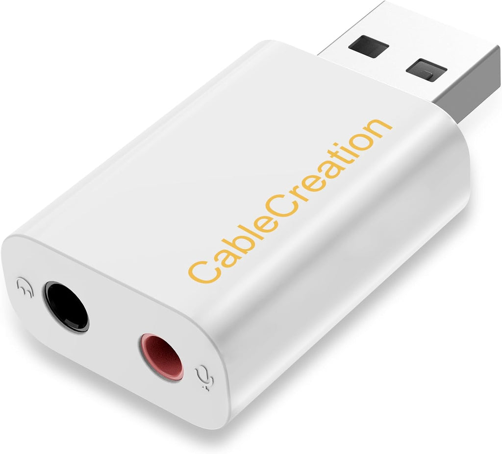 CableCreation USB Audio Adapter - External Sound Card with 3.5mm Headphone and Microphone Jack for Windows, Mac, Linux, PC, PS4, Laptops - Plug and Play, No Drivers Needed (White)