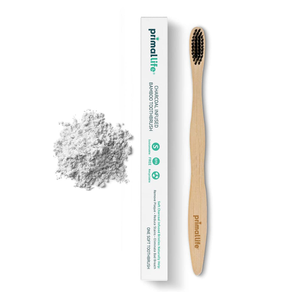 Prima Lif Organic Charcoa Toothbrush Mad wit Charcoa Bamboo Biodegradable BPA-Free Perfec fo Kid Adults Recyclable Gentl Massage Gum Teeth Zer Wast Toothbrush (1-Pack)