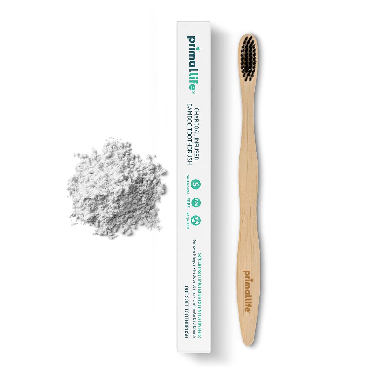 Prima Lif Organic Charcoa Toothbrush Mad wit Charcoa Bamboo Biodegradable BPA-Free Perfec fo Kid Adults Recyclable Gentl Massage Gum Teeth Zer Wast Toothbrush (1-Pack)