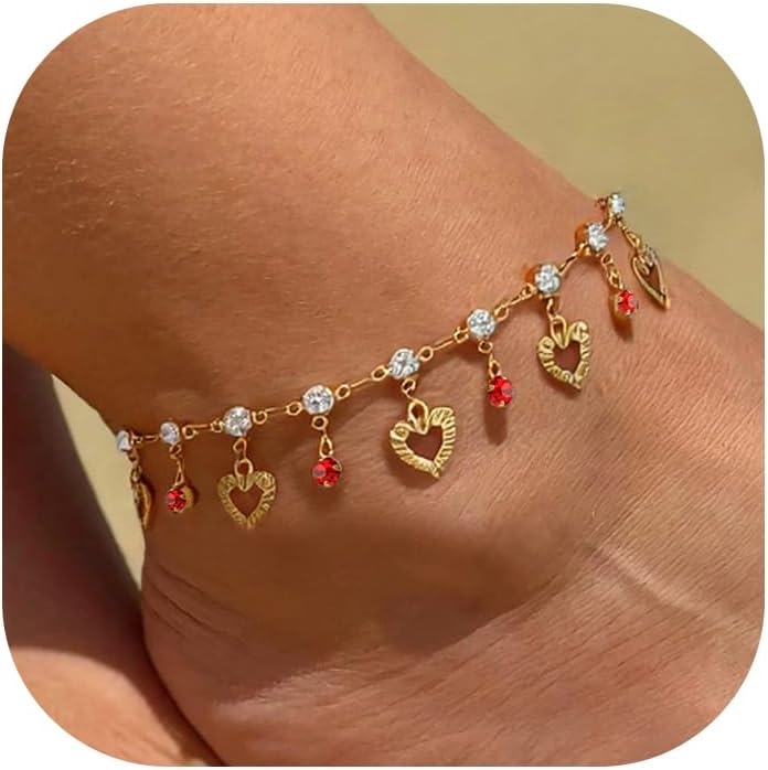 U7 Women Girls Barefoot Jewelry 18K Gold or Rose Gold Stainless Steel Heart/Rope/Figaro/Cuban Chain Anklet Foot Bracelet, 25-30 CM Long
