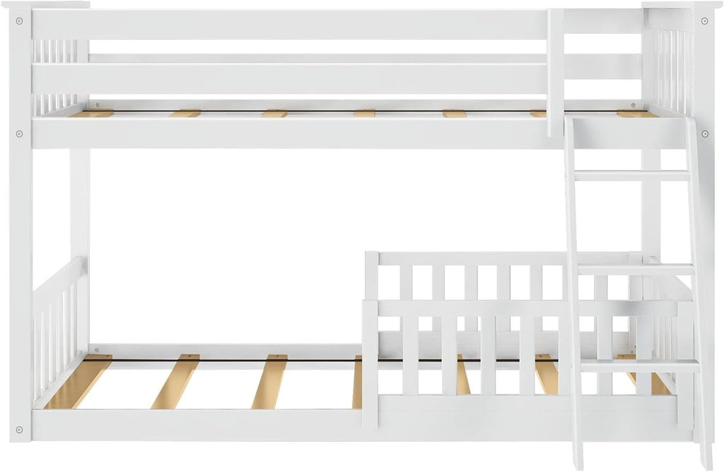 Max & Lily Low Bunk Bed, Twin-Over-Twin Bed Frame For Kids With 2 Guard Rails, White
