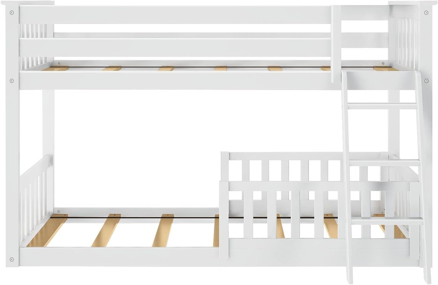 Max & Lily Low Bunk Bed, Twin-Over-Twin Bed Frame For Kids With 2 Guard Rails, White