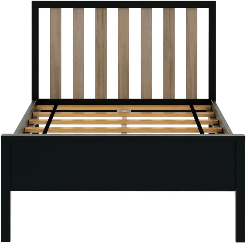 Max & Lily Twin Bed, Scandinavian Modern Bed for Kids, Solid Wood Twin Bed Frame with Slatted Headboard, No Box Spring Needed, Black/Blonde