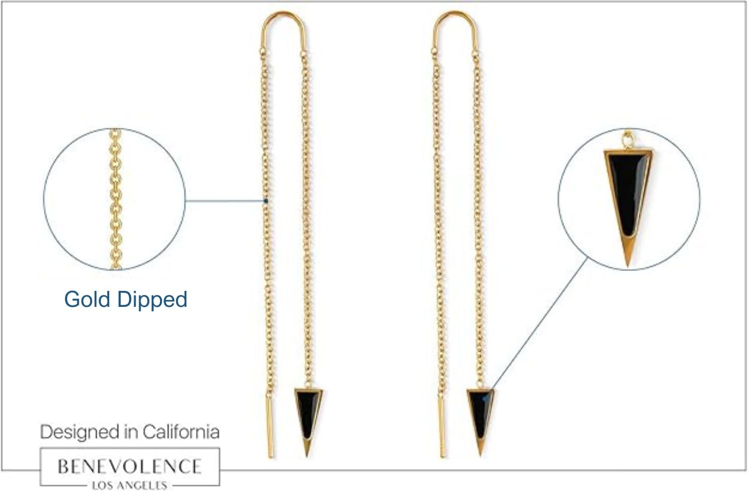 Benevolence LA Dagger Threader Triangle Earrings | Gold Dipped Earring | Dangle Drop Long Chain Double Piercing Accessories for Women | Gifts for Mom, Girlfriend, Sister