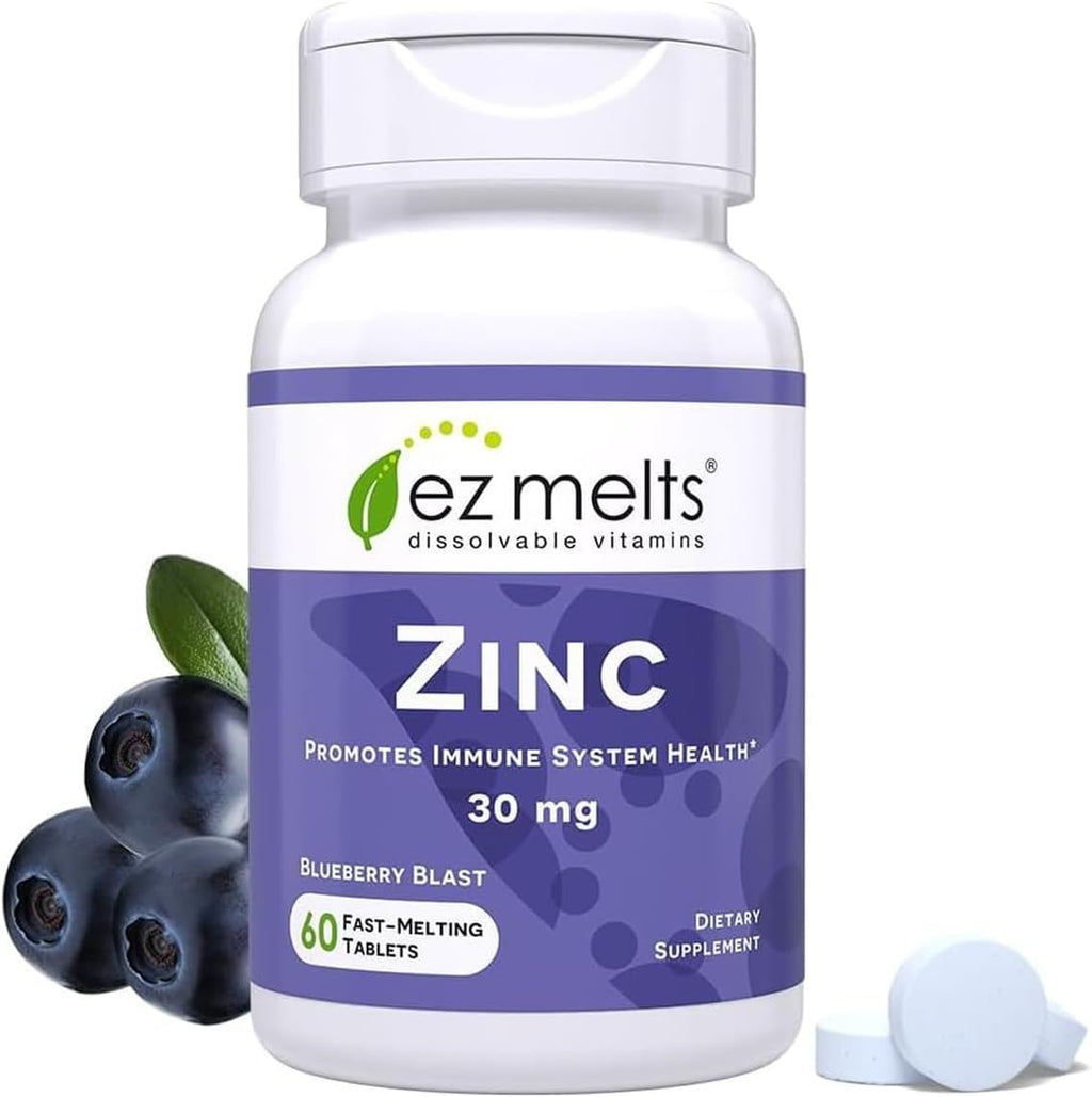 EZ Melts Zinc - Supplement for Immune, Digestive Skin Health Support - Non-GMO, Vegan Gluten-Free - Blueberry Blast - 60 Dissolvable Tablets (60 Servings)