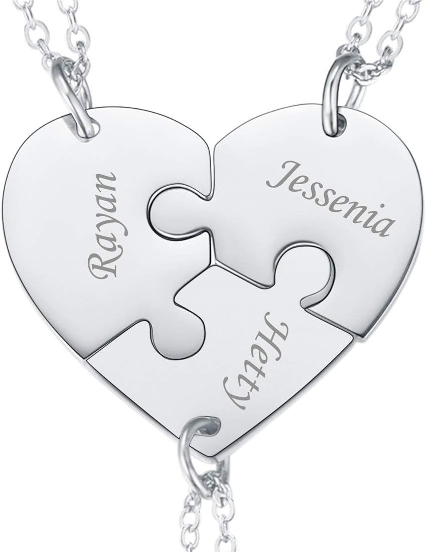 U7 BFF Necklace for 2/3/4/5/6 Women Girls Stainless Steel Personalized Family/Sibling/Friendship Jewelry Set Custom Best Friend Name Engrave Heart Puzzle Matching Pendant Necklaces