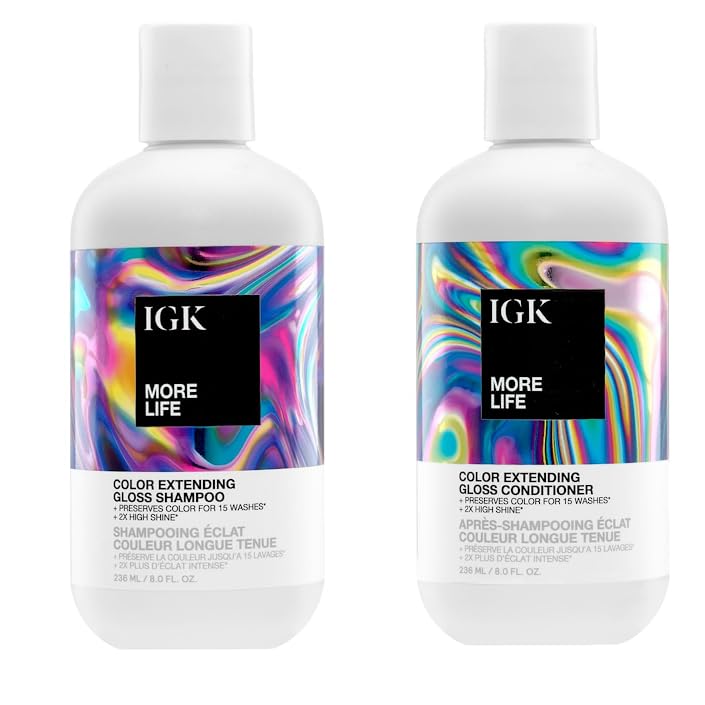 IGK MORE LIFE Color Extending Gloss Shampoo and Conditioner Set | Preserves Color Treated Hair | UV Protection | Vegan + Cruelty-Free | 8 oz