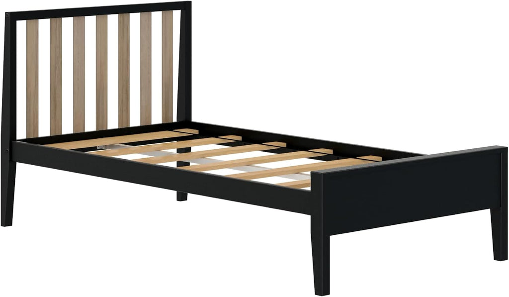 Max & Lily Twin Bed, Scandinavian Modern Bed for Kids, Solid Wood Twin Bed Frame with Slatted Headboard, No Box Spring Needed, Black/Blonde