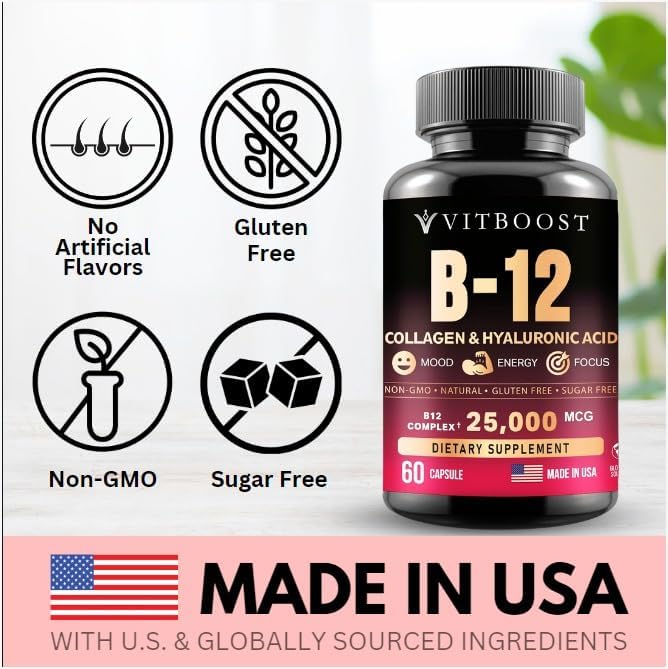 B12 with Hyaluronic Acid, Collagen and Folate ¨C 25000 mcg B12 Complex | Maximize Absorption & Energy | Gluten Free USA Made, B1, B2, B3, B6, B7, B12 vitamins 5000 mcg Methylcobalamin - 60 Capsules