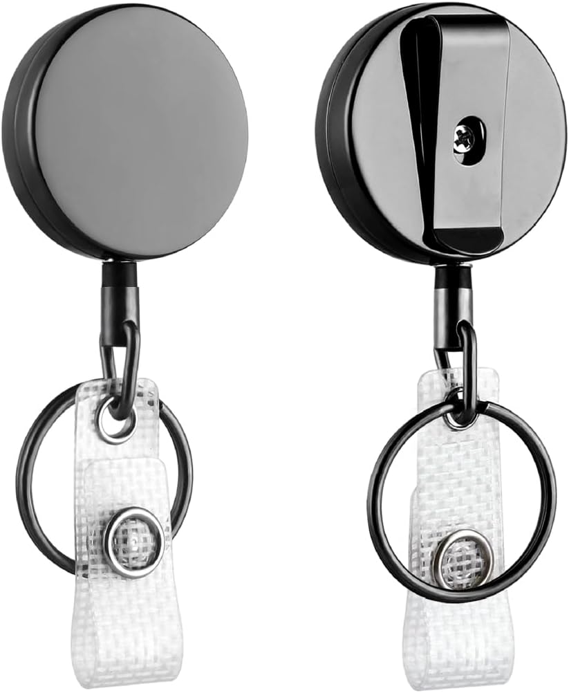 Will Well ID Badge Holder Reel with Clip and Keyring - Heavy-Duty All-Metal Casing with 24.4inch UHMWPE Fiber Pull Cord for Easy Access, Holds up to 8 Keys - 2-Pack, Small Round, Glossy Black