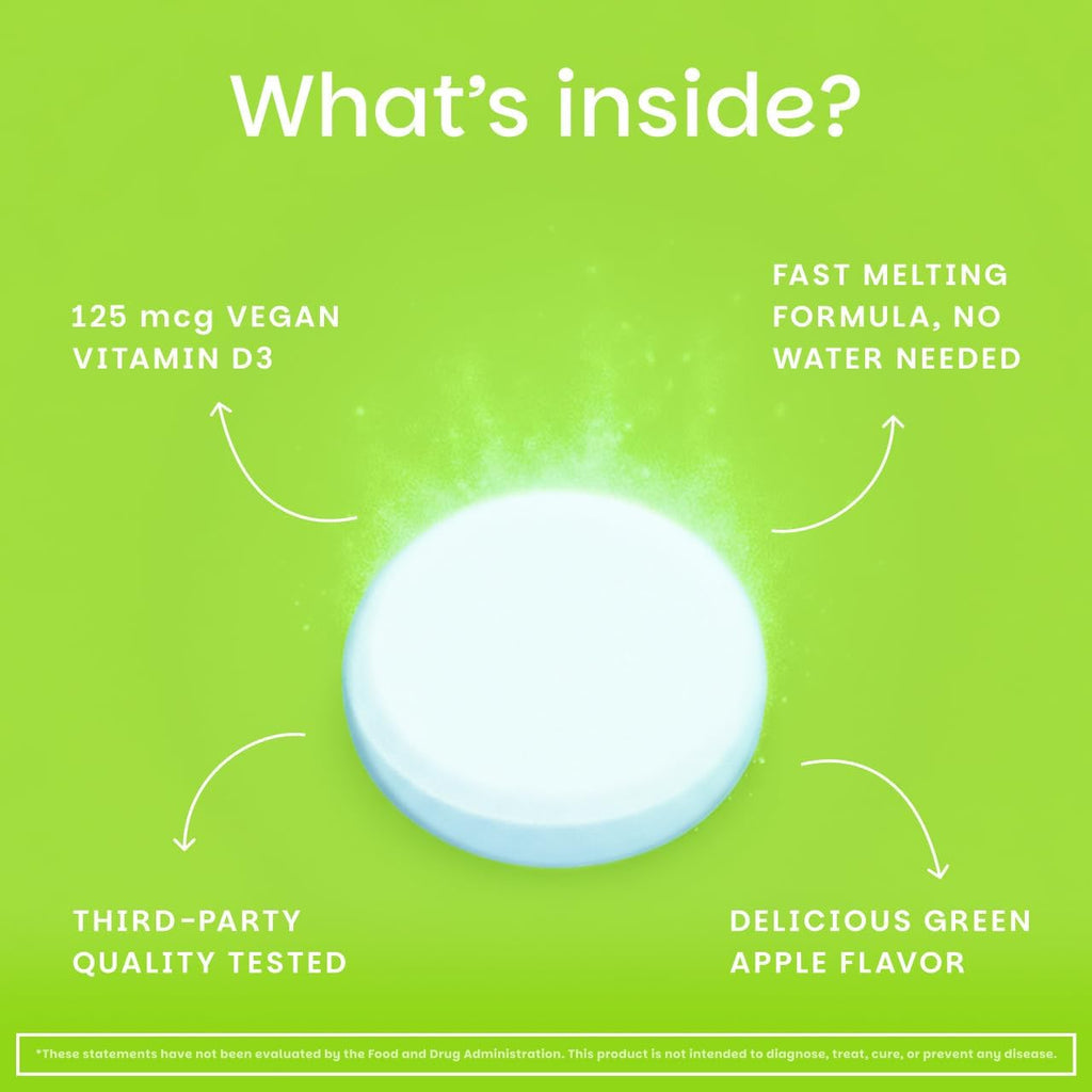 EZ Melts Dissolvable Vitamin D3 5,000 IU - Vegan Vitamin D Supplement for Bone Teeth Support - No Artificial Flavors - Plant-Based Non-GMO - Green Apple - 90 Dissolvable Tablets (90 Servings)