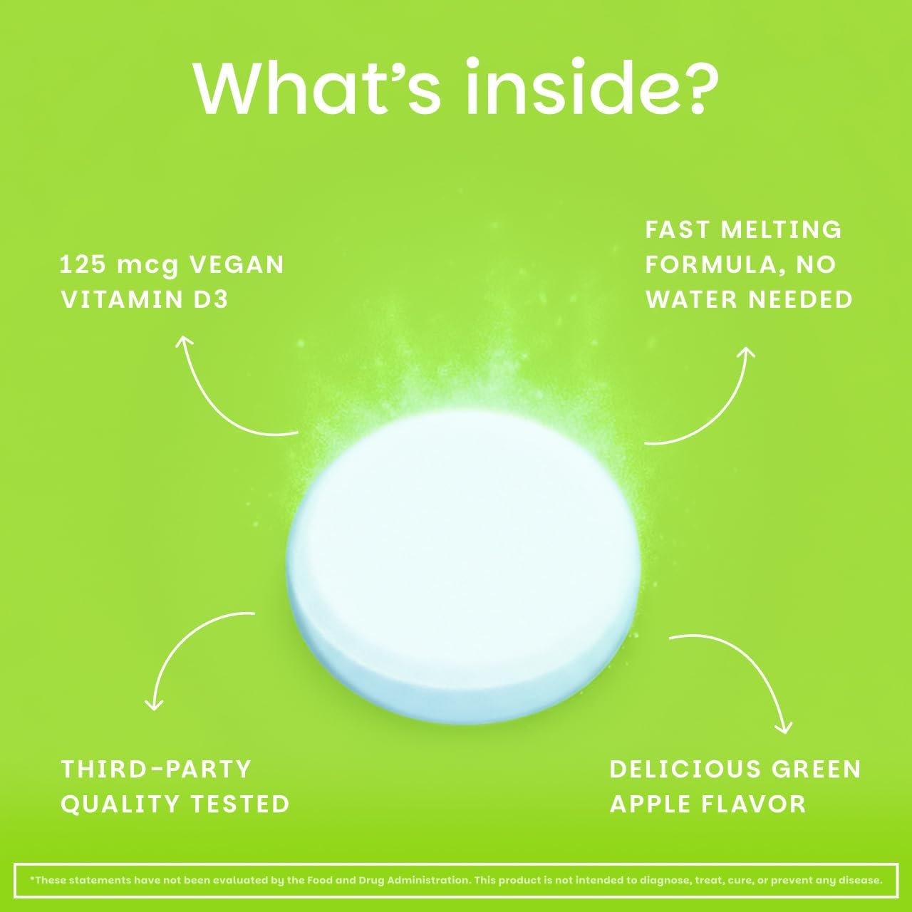 EZ Melts Dissolvable Vitamin D3 5,000 IU - Vegan Vitamin D Supplement for Bone Teeth Support - No Artificial Flavors - Plant-Based Non-GMO - Green Apple - 90 Dissolvable Tablets (90 Servings)