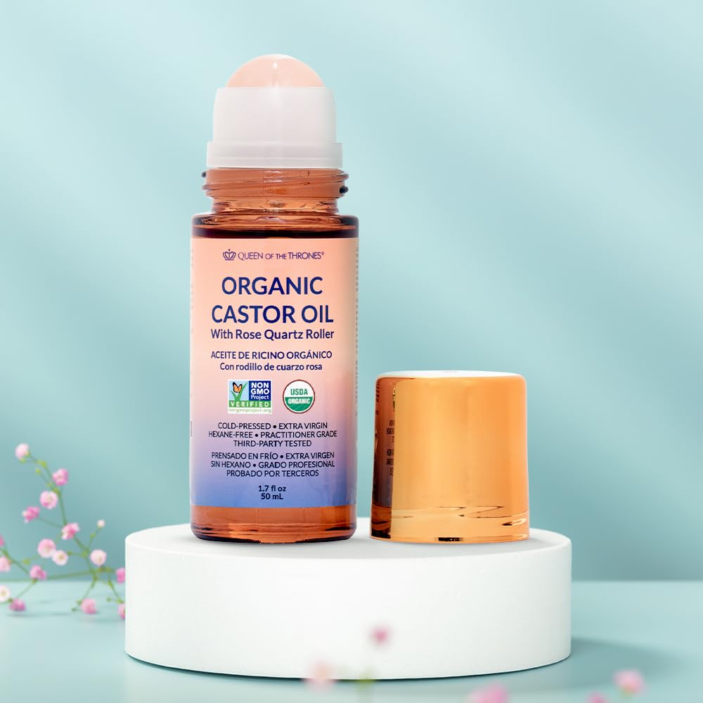 QUEEN OF THE THRONES Organic Golden Castor Oil Roll-On with Rose Quartz | 100% Pure for Skin, Brows Lashes and less mess Castor Oil Packs | Hexane-Free | USDA Certified | Cold-Pressed 1.7oz (50mL)