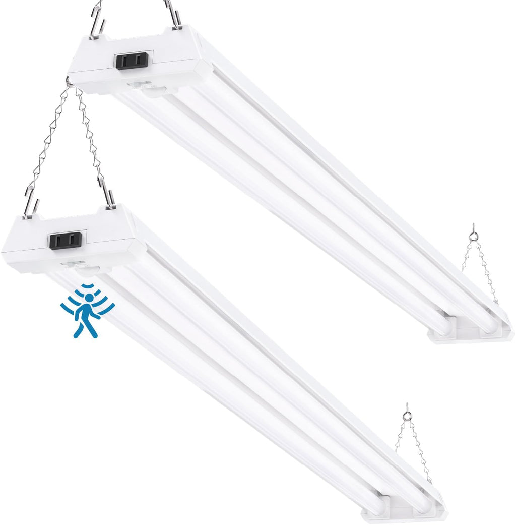Sunco Motion Sensor 4ft LED Shop Light, Garage Lights Ceiling LED Plug-in Fixtures, 40W, 5000K Daylight, 4300 Lumens, Frosted, Motion Activated, Linkable Suspension Mount, ETL 2 Pack.