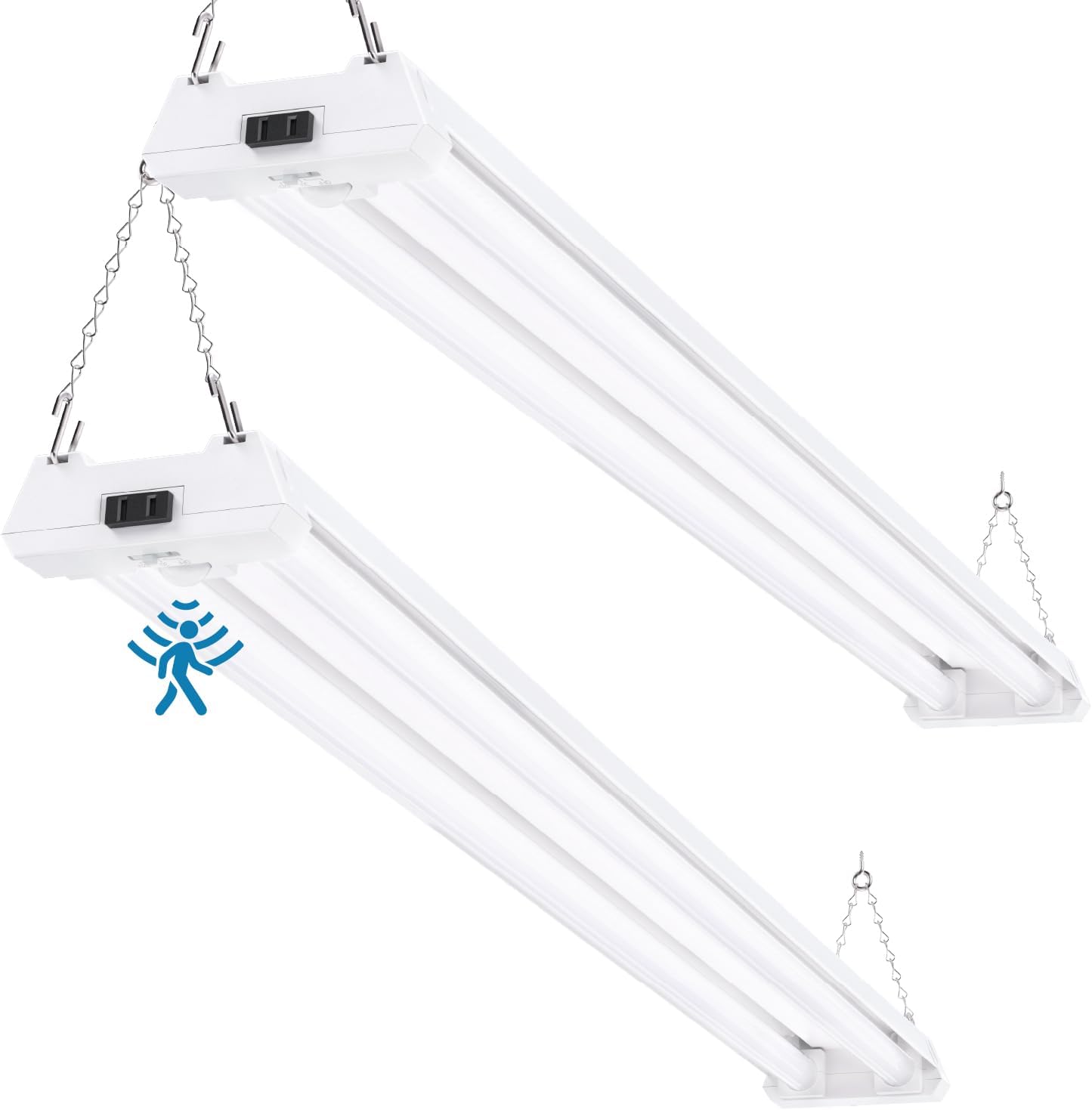 Sunco Motion Sensor 4ft LED Shop Light, Garage Lights Ceiling LED Plug-in Fixtures, 40W, 5000K Daylight, 4300 Lumens, Frosted, Motion Activated, Linkable Suspension Mount, ETL 2 Pack.