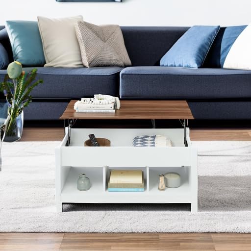 Best Choice Products Lift Top Coffee Table with Hidden Storage, Accent Table Furniture for Living Room, Display Shelves - White/Brown