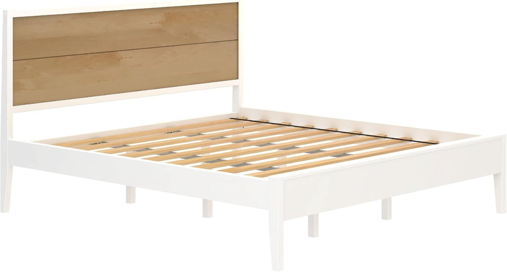 Plank+Bea Du Soli Woo Kin Be Fram wit Pane Headboard Moder Platfor Be wit Woo Sla Support N Bo Sprin Needed White/Birch