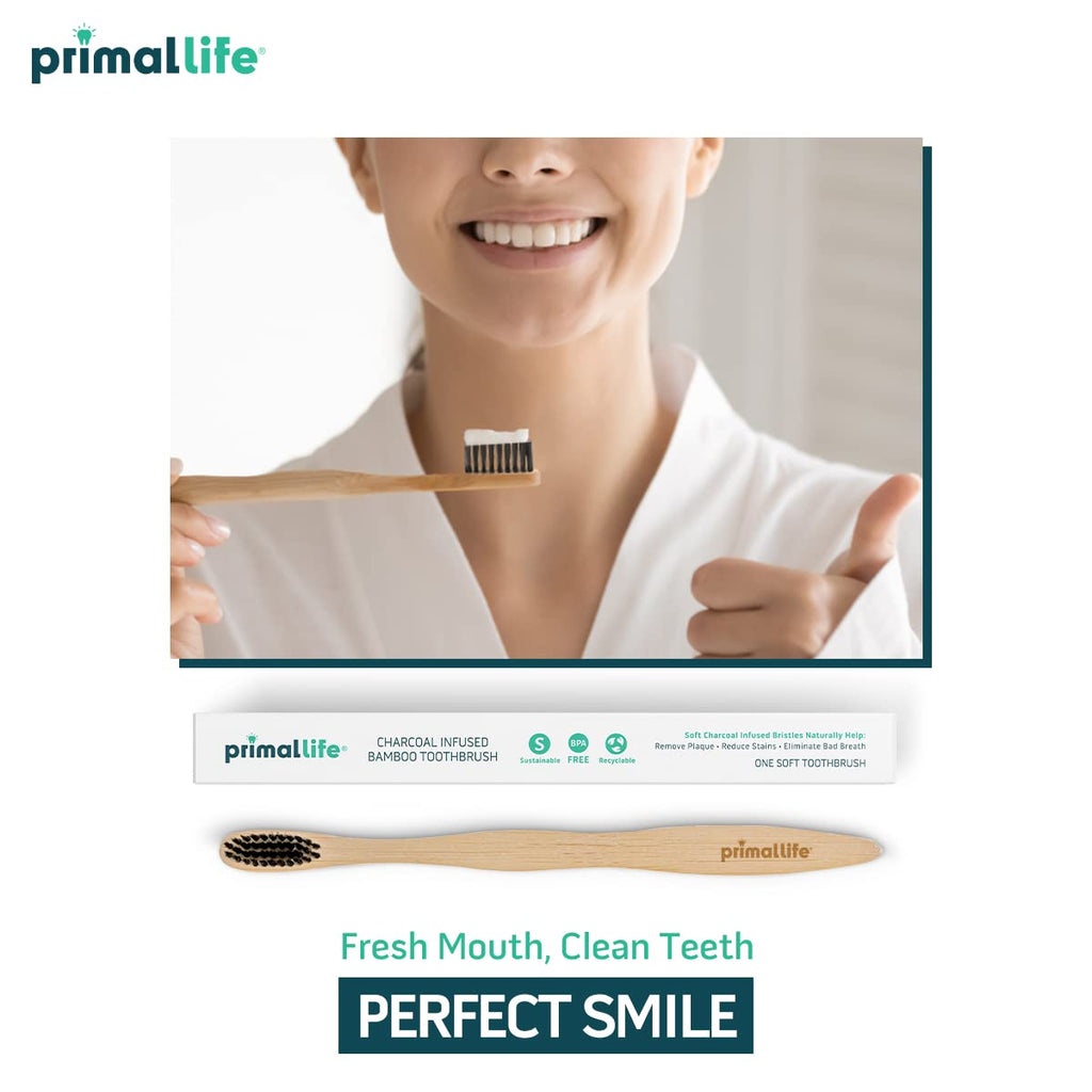 Prima Lif Organic Charcoa Toothbrush Mad wit Charcoa Bamboo Biodegradable BPA-Free Perfec fo Kid Adults Recyclable Gentl Massage Gum Teeth Zer Wast Toothbrush (1-Pack)