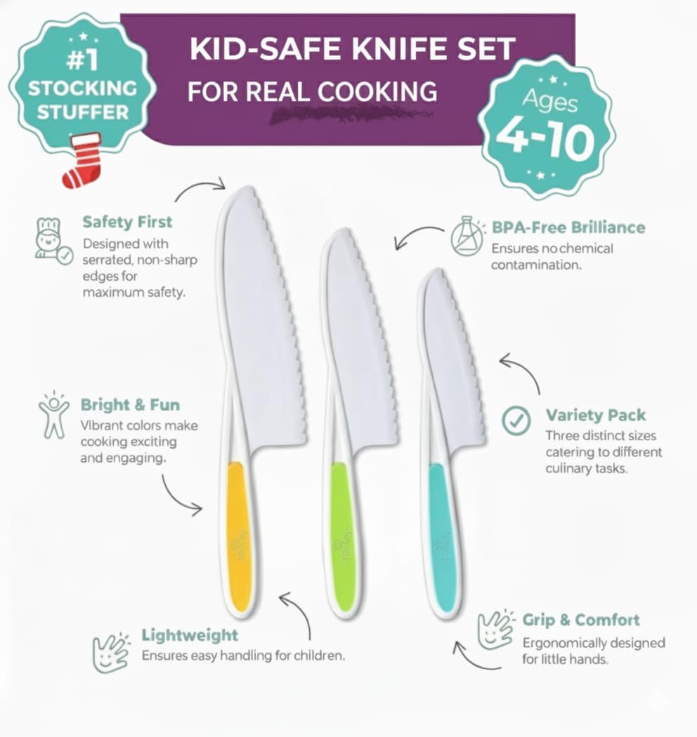 Tovla Jr. Kid Safe Knife Gift Set for Real Cooking | STOCKING STUFFER |Toddler Kitchen Knives | Montessori STEM Cooking Tools Ages 4¨C12 | BPA-Free, Dishwasher-Safe | Christmas and Birthday
