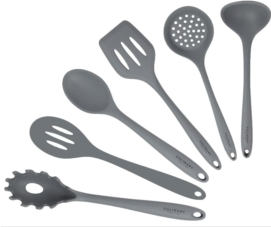 Culinary Couture Grey Silicone Kitchen Utensils Set of 6, Non-Stick Heat-Resistant Silicone Kitchen Utensils Set with Steel Inner Core