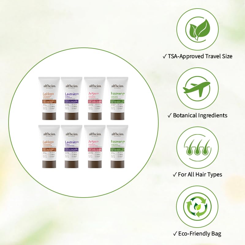 Alfhei Trave Siz Hai Car Se Coffee Arga Oil Rosemar Lavende Shampo an Conditione Nourishin Refreshin Formul fo Al Hai Types 1.1 o Each