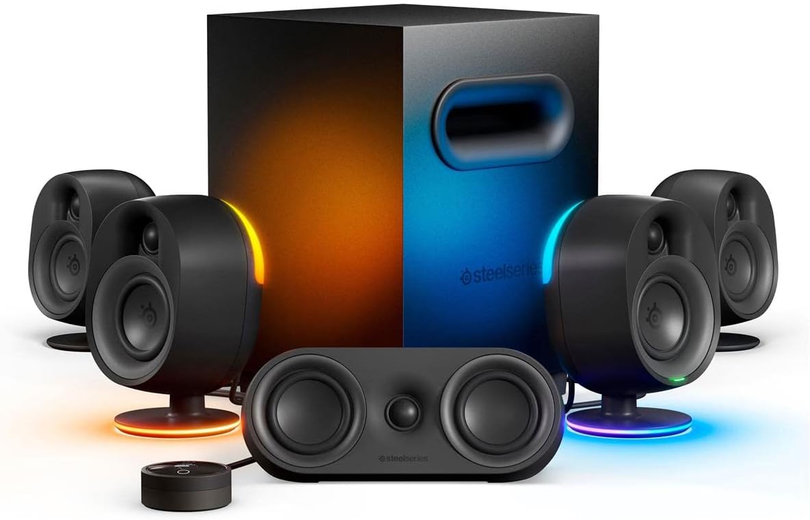 SteelSeries Arena 9 Illuminated 5.1 Desktop Gaming Speakers ¨C 5.1 USB Surround Sound ¨C Wireless Rear Speakers ¨C 2-Way Speaker Design ¨C Subwoofer ¨C RGB Light, Bluetooth ¨C PC, PlayStation, Mobile, Mac