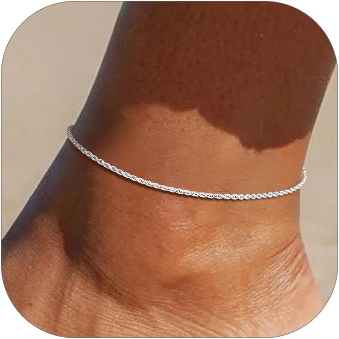 ChicSilver 925 Sterling Silver Ankle Bracelet for Women, Simple Cuban Link/Figaro/Twist Rope Chain Anklets for Beach Party(with Gift Box)