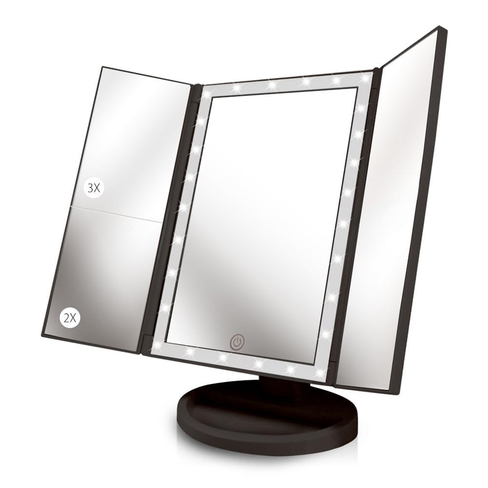 Beautywork Backli Makeu Vanit Mirro 3 LE Light Touch-Scree Ligh Control Tri-Fol 1/2/3 Magnification Portabl High-Definitio Cosmeti Magnifyin Persona Makeu Mirror (Midnigh Black)