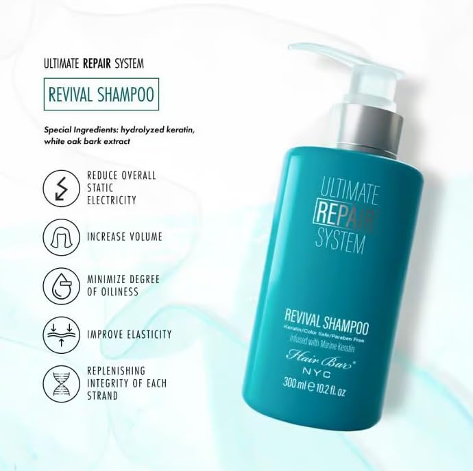 Hair Bar NYC Ultimate Repair System Shampoo (1000ml / 33.8 Fl oz) Intense Moisturizing and Nourishing Formula with Hydrolyzed Keratin for All Hair Types, Reduces Static and Increases Volume