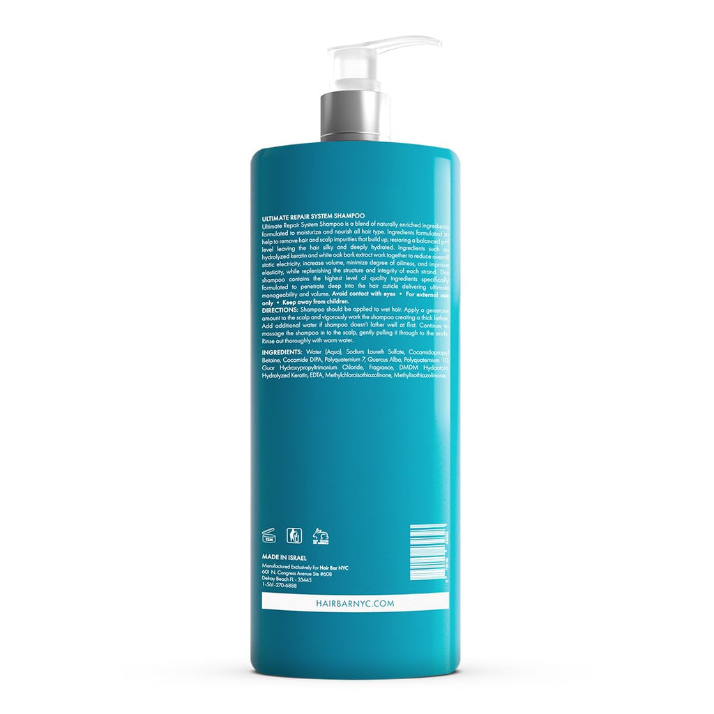 Hair Bar NYC Ultimate Repair System Shampoo (1000ml / 33.8 Fl oz) Intense Moisturizing and Nourishing Formula with Hydrolyzed Keratin for All Hair Types, Reduces Static and Increases Volume