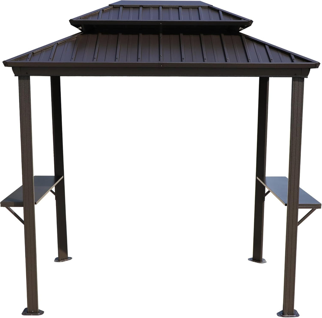 Kozyard 6¡¯ x 8¡¯ BBQ Hardtop Grill, Outdoor Barbecue Gazebo with Double Galvanized Metal Roof, Aluminum BBQ Gazebo with 2 Side Shelves for Outdoor Grilling Station (Brown/Hardtop)