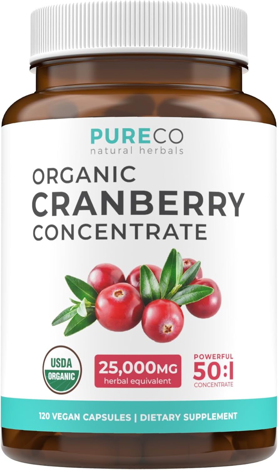 Organic Cranberry Extract Capsules - Super 50X Potency Cranberry Pills for Women to Support Urinary Tract Bladder and Kidney - Vegan Non-GMO USDA Organic North American Sourced (4 Month Supply)