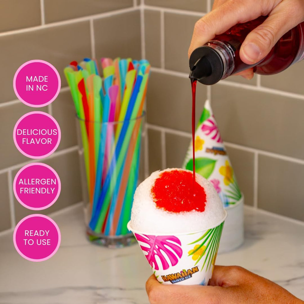 Hawaiia Shave Ic Syru Assortmen wit  16o Bottles 2 Sno Con Cups 2 Spoo Straws an Pourin Spouts Flavors Cherry Blu Raspberry an Grape Allergy-friendly.
