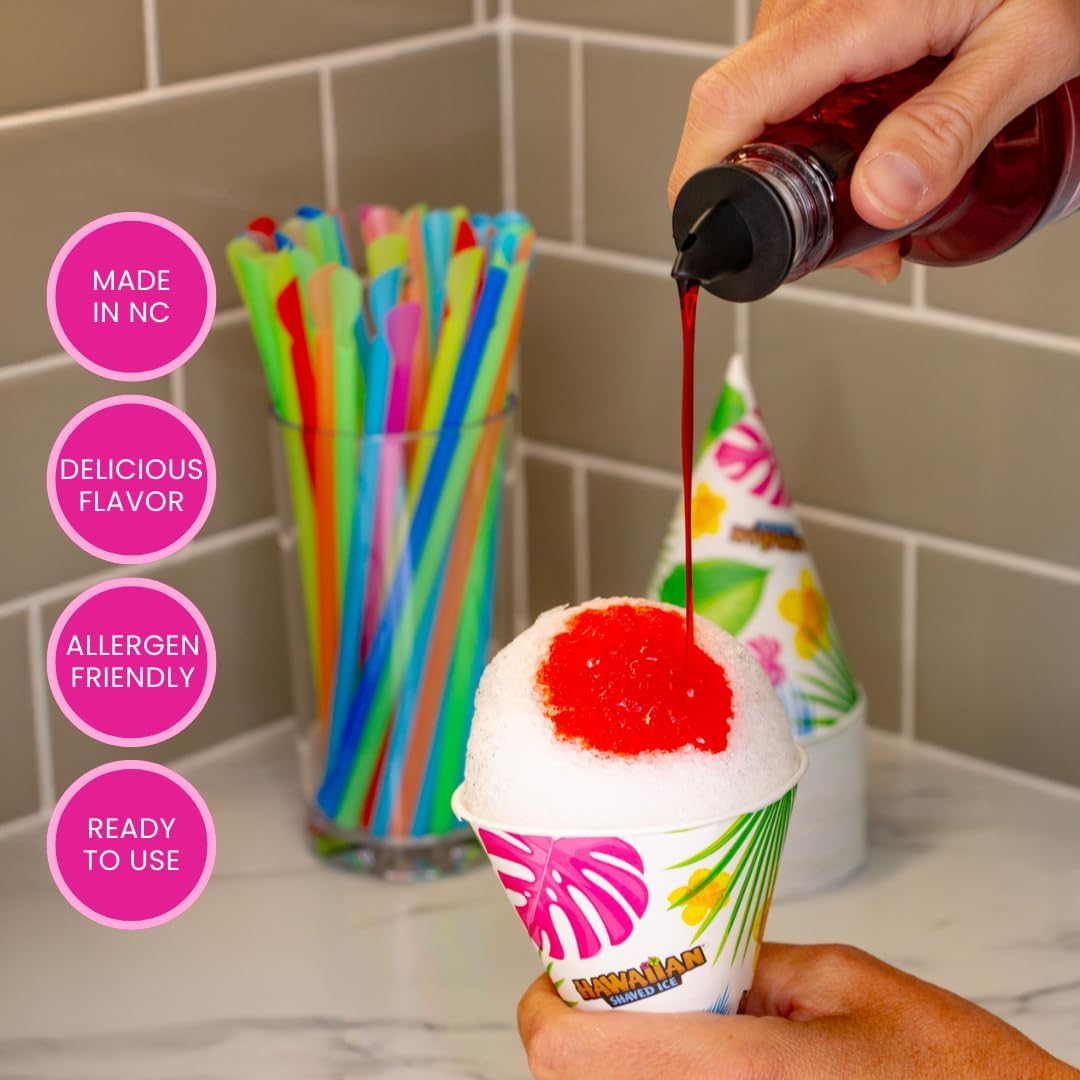 Hawaiia Shave Ic Syru Assortmen wit  16o Bottles 2 Sno Con Cups 2 Spoo Straws an Pourin Spouts Flavors Cherry Blu Raspberry an Grape Allergy-friendly.