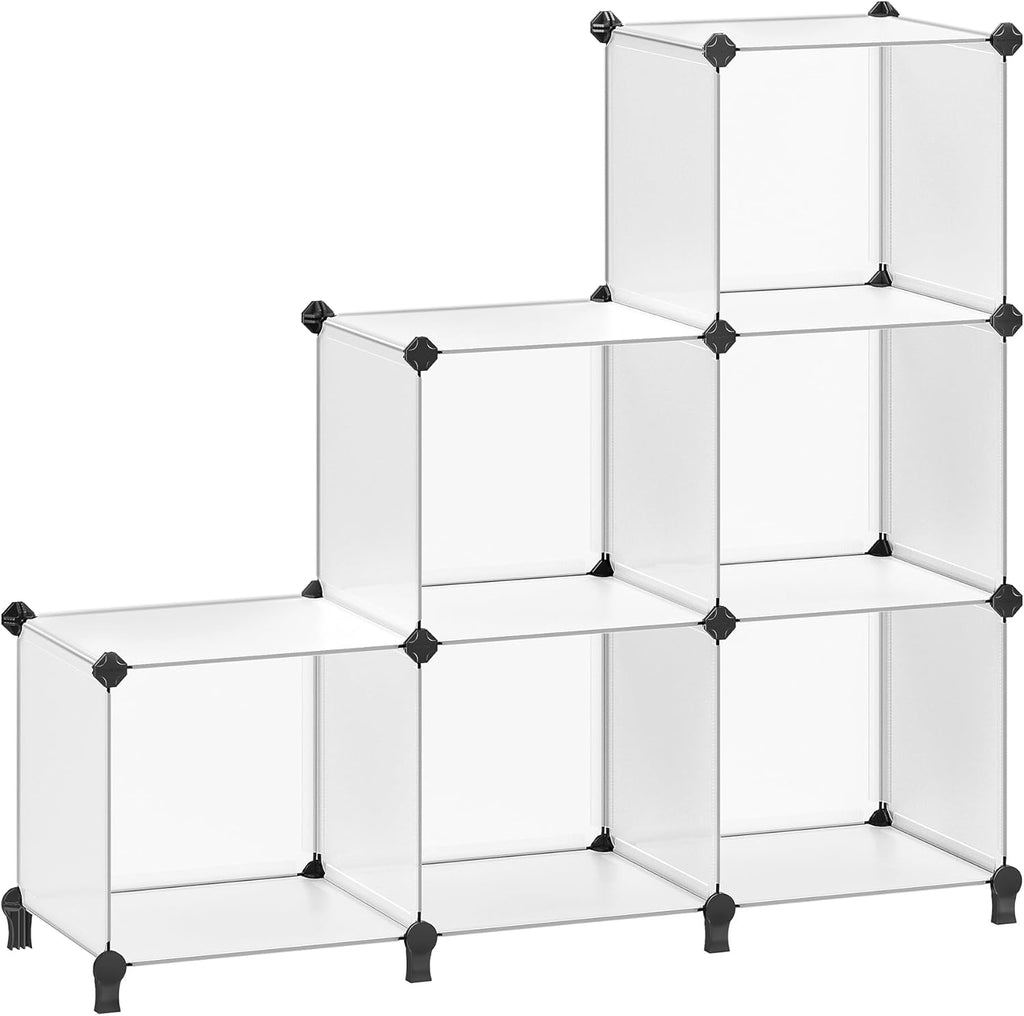 6 Cube Storage Organizer, Modular Bookshelf, DIY Closet Organizers and Storage, Plastic Stackable Shelves, 14.6 x 13 x 13 Inch Cubes, with Feet and Rubber Mallet, White ULPC206W01