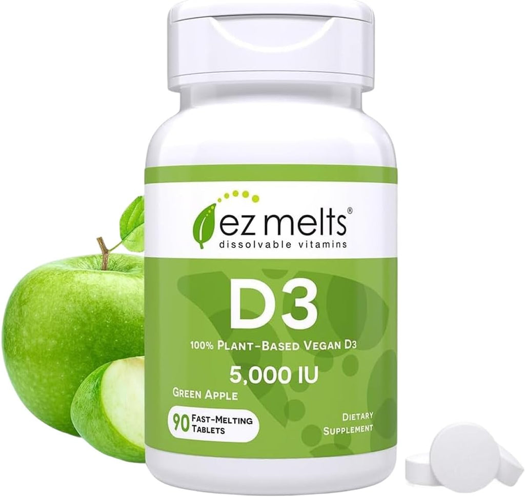 EZ Melts Dissolvable Vitamin D3 5,000 IU - Vegan Vitamin D Supplement for Bone Teeth Support - No Artificial Flavors - Plant-Based Non-GMO - Green Apple - 90 Dissolvable Tablets (90 Servings)