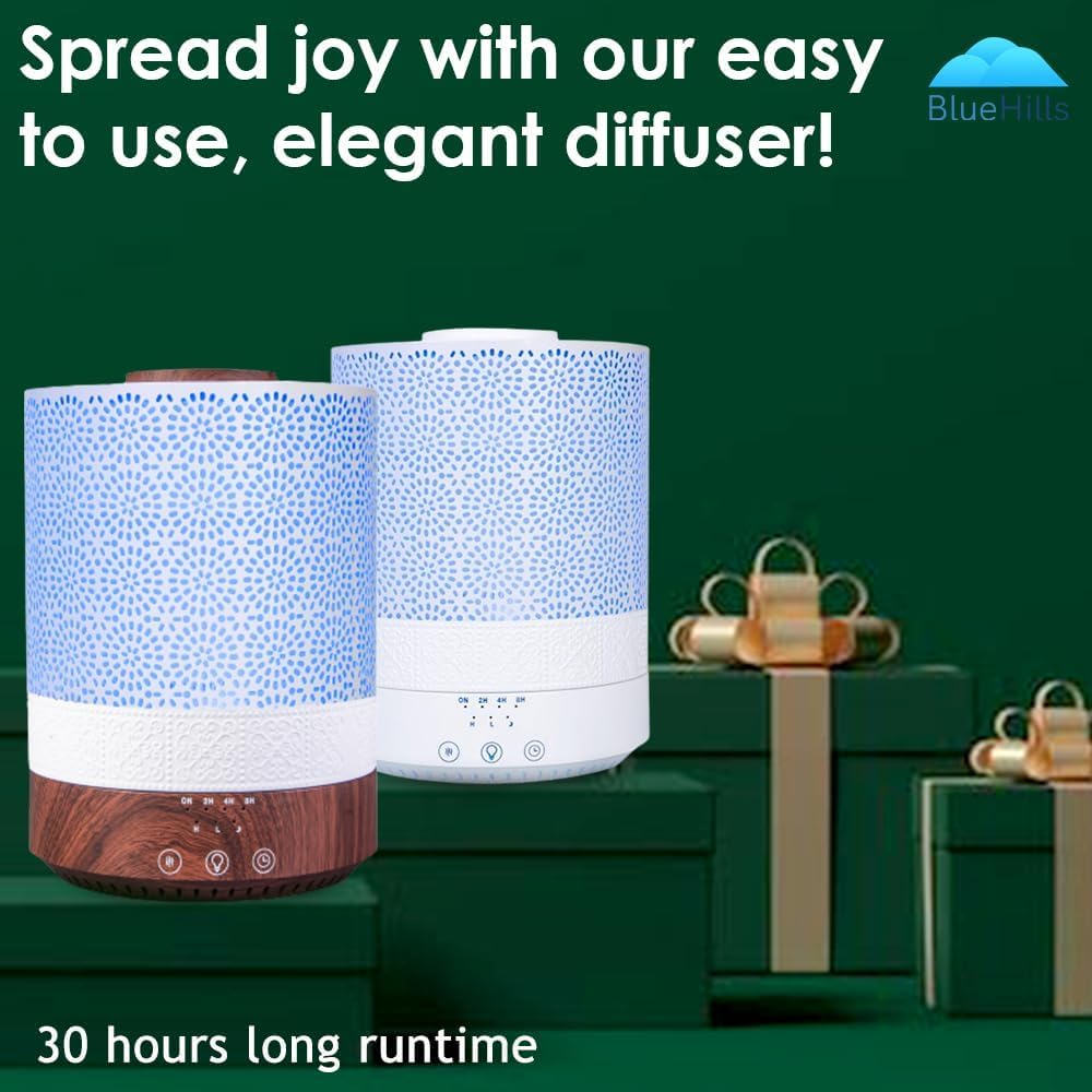 BlueHills 2500 ML XL Essential Oil Diffuser for Large Room Aroma Humidifier Home Decor Bed Baby Room Big Huge 2.5 L Capacity Long Run Color Lights Decorative Design High Mist Dark Wood Grain F004