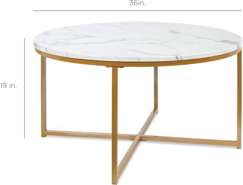 Bes Choic Product 36i Fau Marbl Accen Table Moder En Table Larg Coffe Tabl Hom Deco fo Livin Room Dinin Room Tea Coffe w/Meta Frame Foo Caps Designe White/Gold