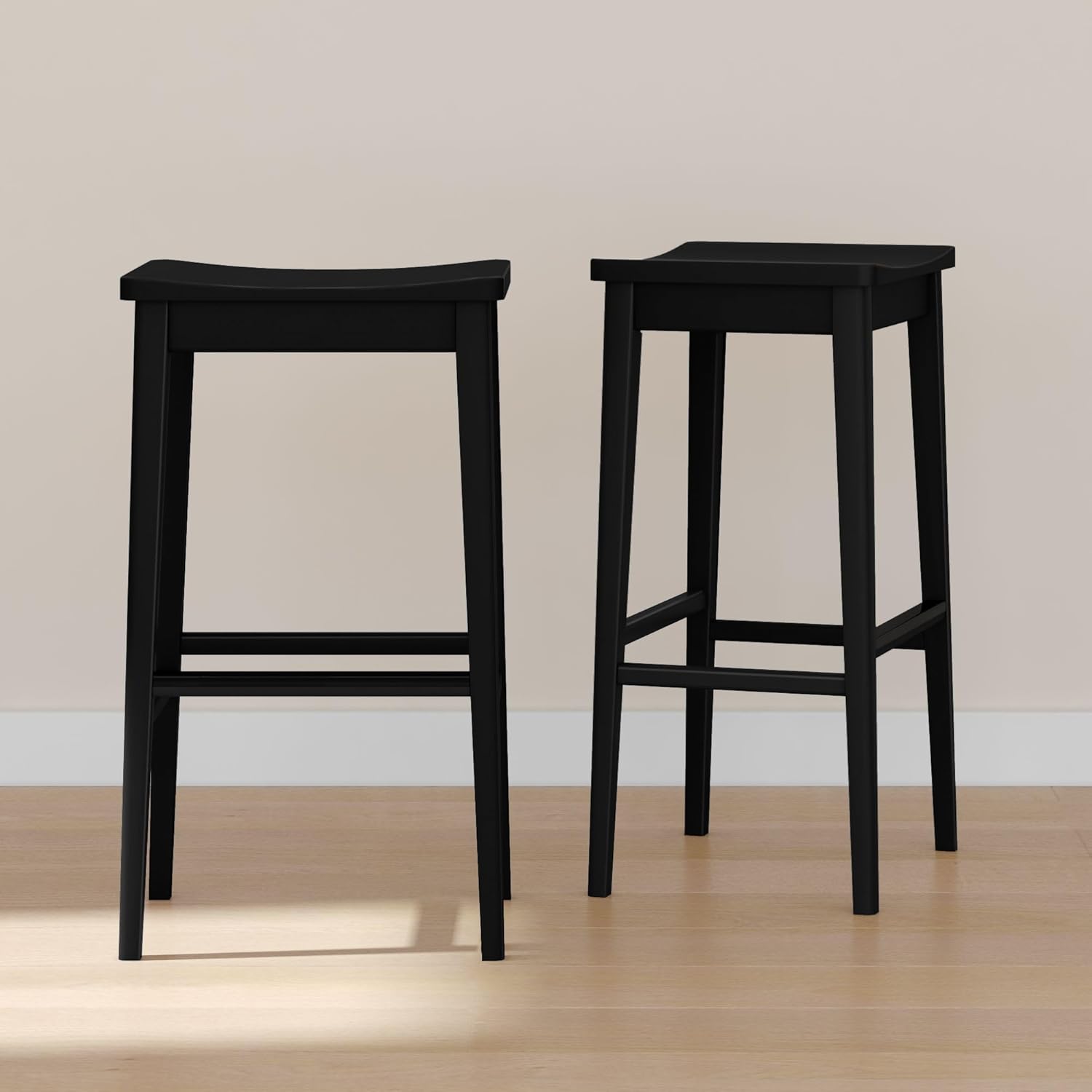 Plank+Beam Smythe Bar Stool, 30inch, Set of 2, Sturdy Wood Modern Kitchen Bar Height Stool, Saddle Seat Backless Counter Chair, Metal Footrest, Black