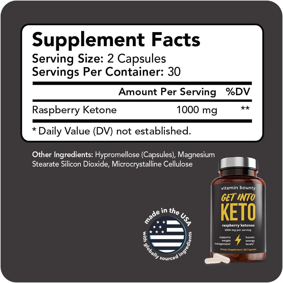 Vitamin Bounty Premium Raspberry Ketones Supplement - Keto Pills for Weight Loss - Promotes Ketosis Metabolism Support - Keto Diet Aid - Energy Boost for Women Men - 60 Capsules