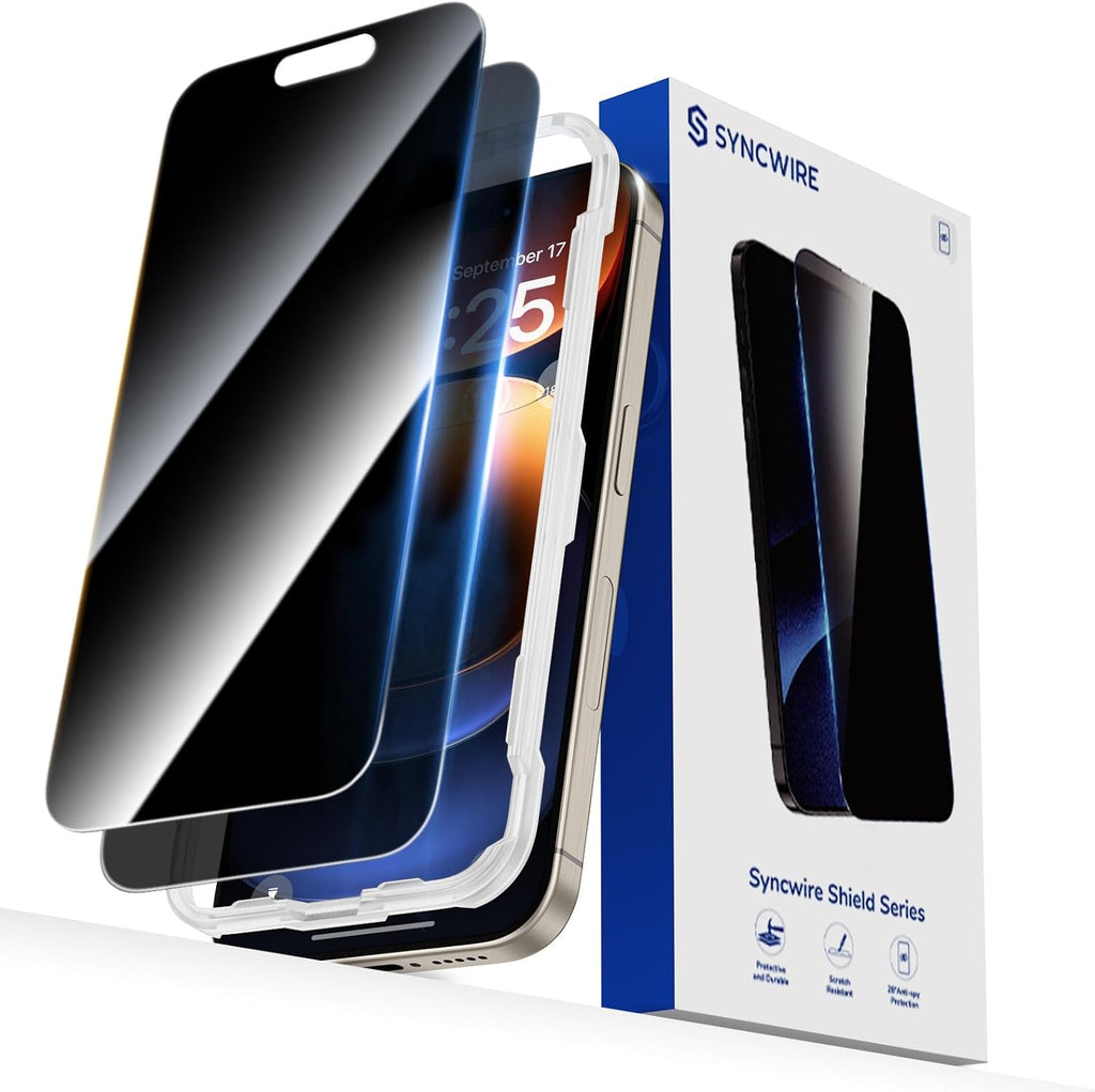 SYNCWIRE Privacy Screen Protector for iPhone 15 Pro 6.1''[2-Pack], Unbreakable True 28¡ã Anti Spy Tempered Glass Saver Black [Easy Installation Frame] [9H Hardness] [Bubble Free] [Sensitive Touch]