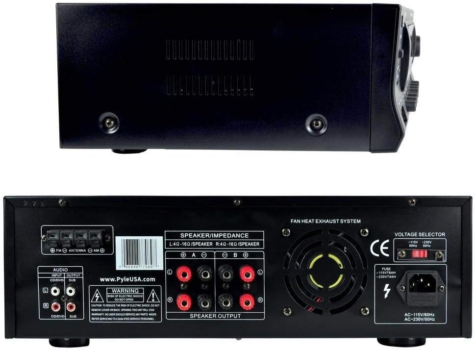 Pyle Wireless Bluetooth Audio Power Amplifier - 300W 4 Channel Home Theater Stereo Receiver with USB, AM FM, 2 Mic IN with Echo, RCA, LED, Speaker Selector, For Studio, Home Use, Black - PT272AUBT