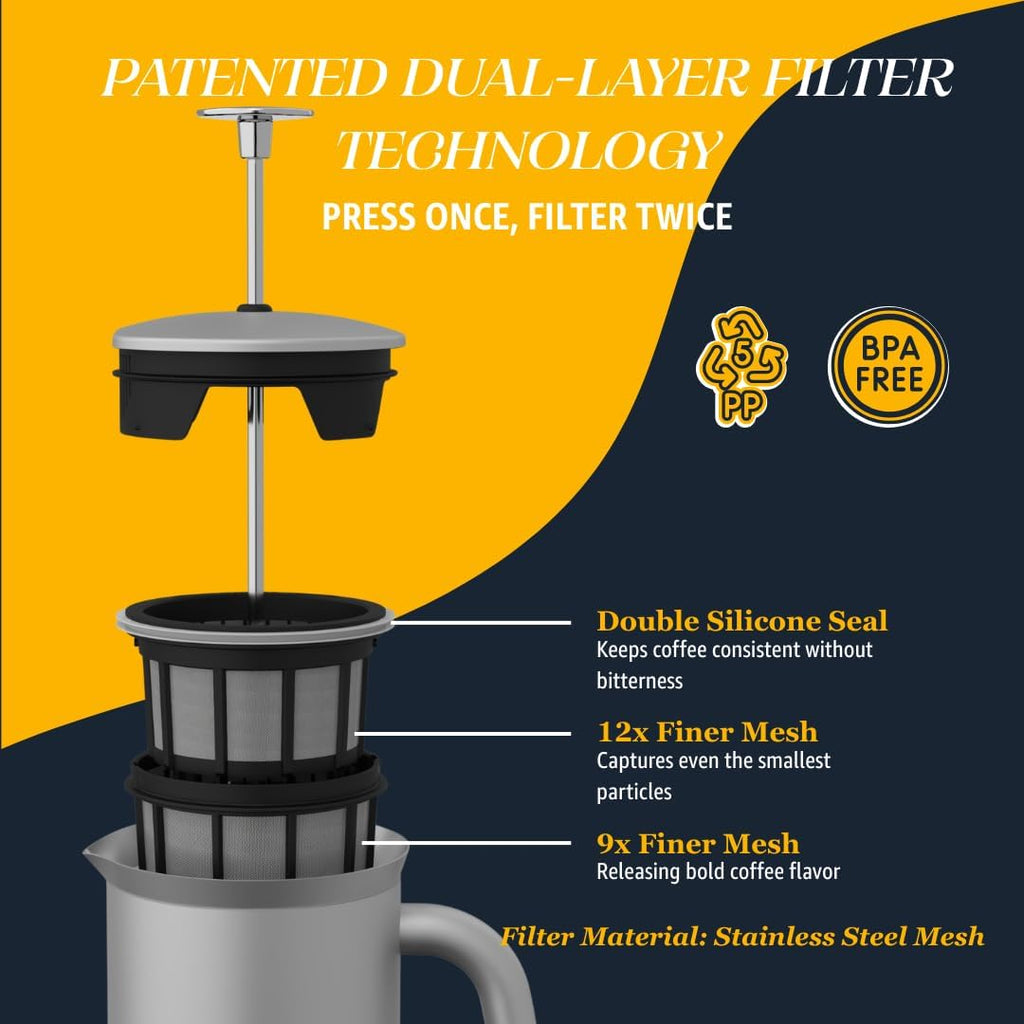 ESPRO P7 Brushed Stainless Steel French Press 304 ¨C Patented Double Walled Micro-Filter Insulated French Press Coffee Maker, Grit-Free Brew - Heat Resistant BPA Free (32oz)
