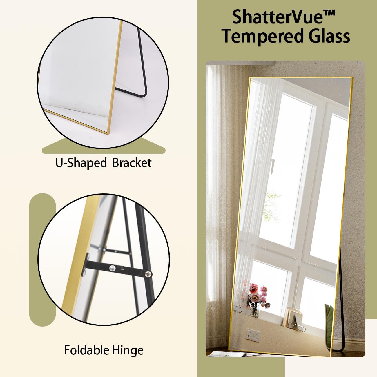 BEAUTYPEAK Full Length Mirror with Stand, 56inchx21inch Floor Mirror with Aluminum Alloy Thin Frame, ShatterVue Tempered Full Body Mirrors, Free Standing or Wall-Mounted Mirrors for Living Room, Gold