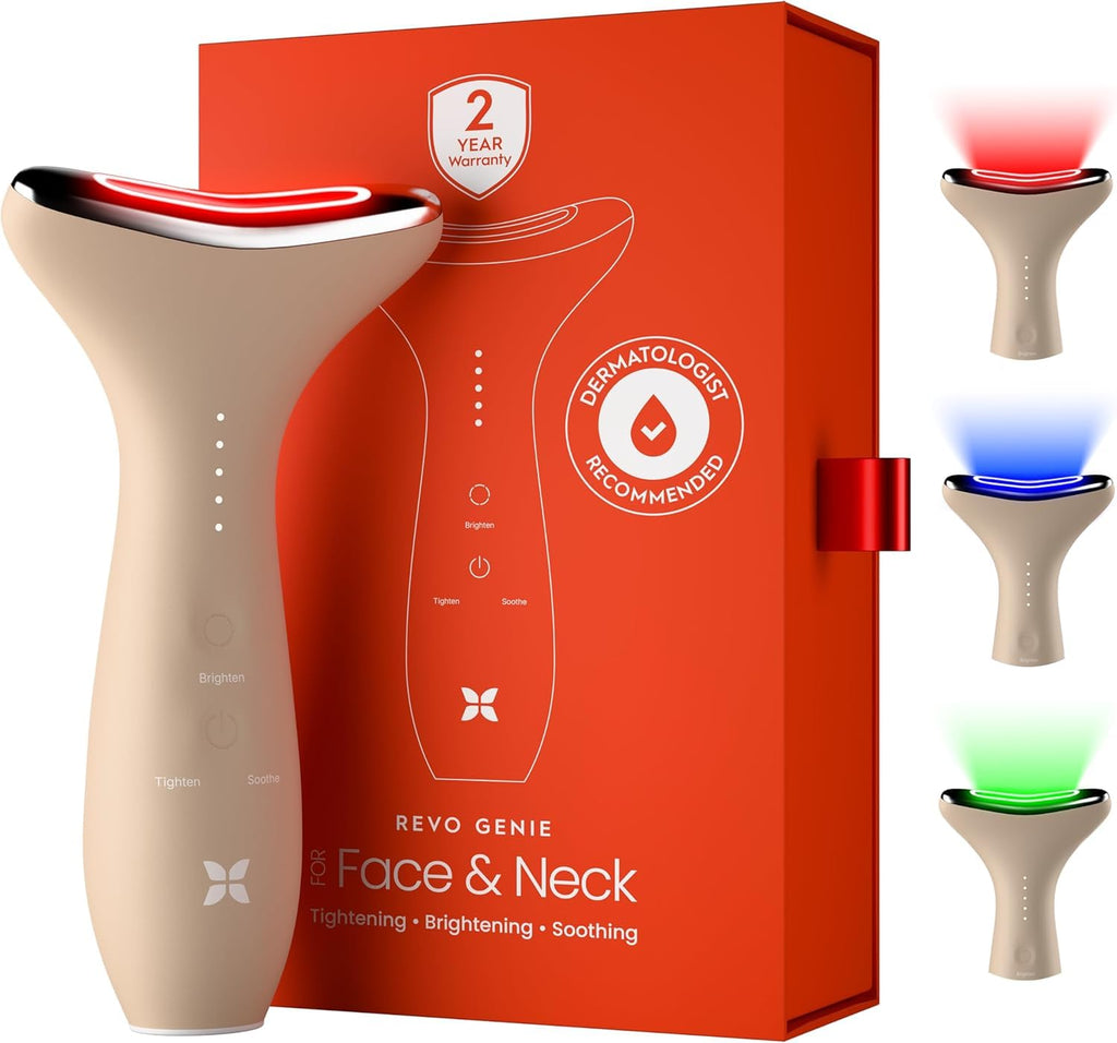 REV Geni 3-in- Fac Nec Beaut Massage wit Heat Ligh Therapies Smar Vibratio Re Light Blu Light Gree Ligh Therap fo Wrinkles Hyperpigmentation Acn Mor Beige