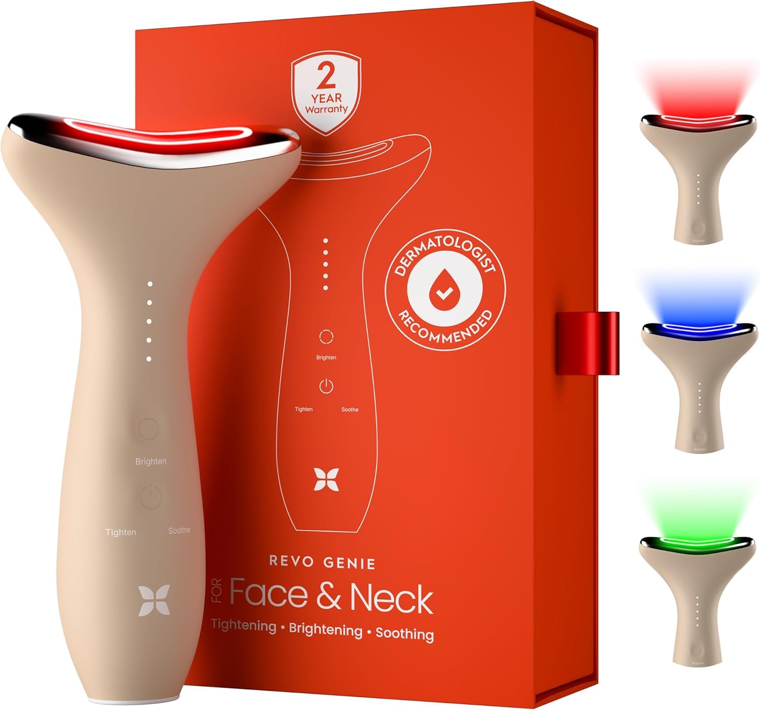 REV Geni 3-in- Fac Nec Beaut Massage wit Heat Ligh Therapies Smar Vibratio Re Light Blu Light Gree Ligh Therap fo Wrinkles Hyperpigmentation Acn Mor Beige