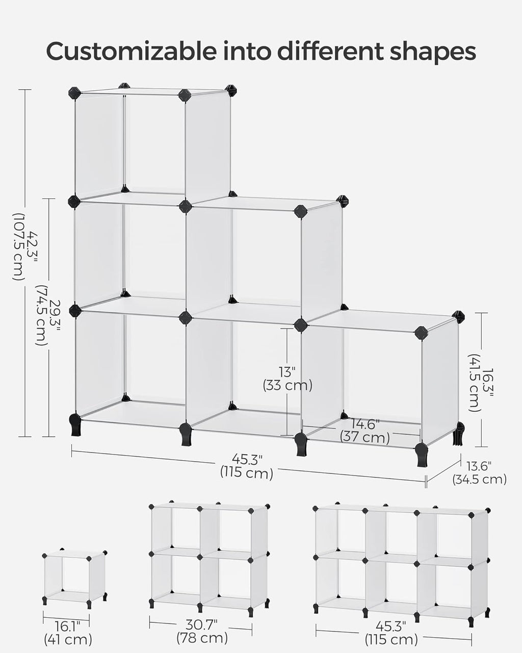 6 Cube Storage Organizer, Modular Bookshelf, DIY Closet Organizers and Storage, Plastic Stackable Shelves, 14.6 x 13 x 13 Inch Cubes, with Feet and Rubber Mallet, White ULPC206W01